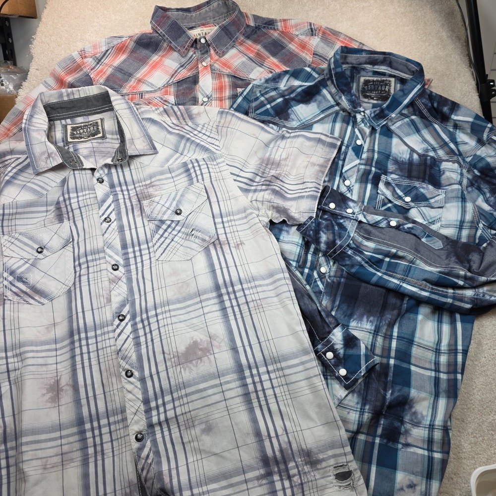BKE‎ Vintage Shirt Mens XL Blue Red Plaid Chest Pocket Outdoor Western Lot Of 3